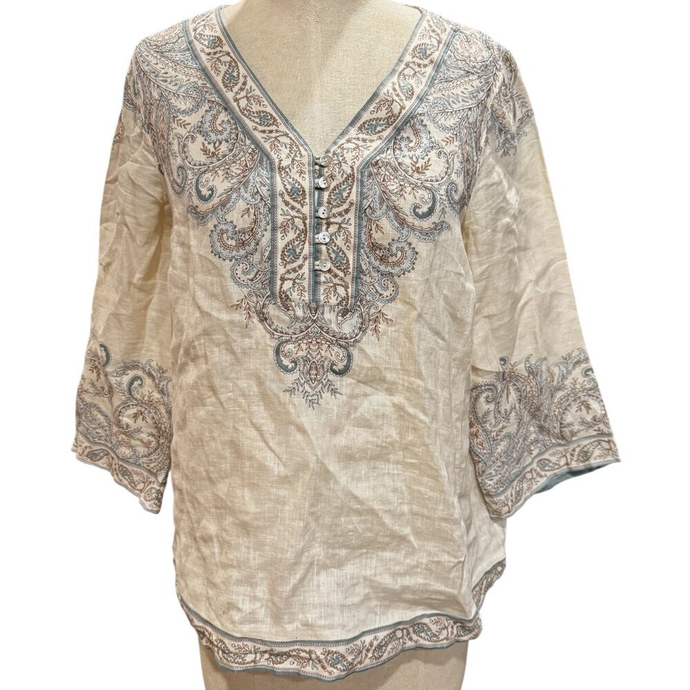 J. Jill 100% Linen Embroidered Tunic Top Boho Beige Size Small